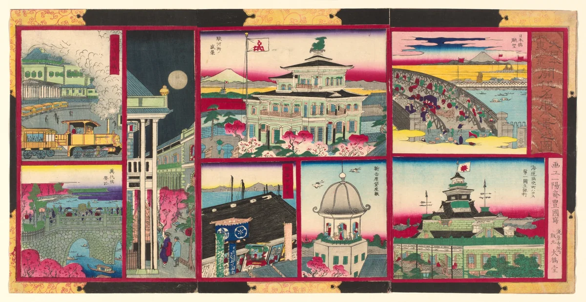 Eight Modern Views of Famous Places in Tokyo of Great Japan (Dai Nippon Tokyo kaika meisho hakkei no zu) by Utagawa Kunisada II, print, 1875