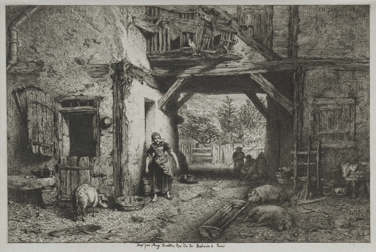 Farm Interior by Charles-Émile Jacque, print, 1845