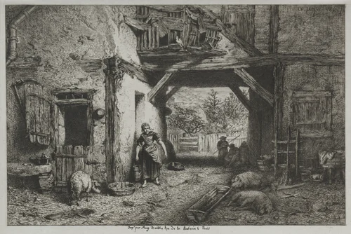 Farm Interior by Charles-Émile Jacque, print, 1845
