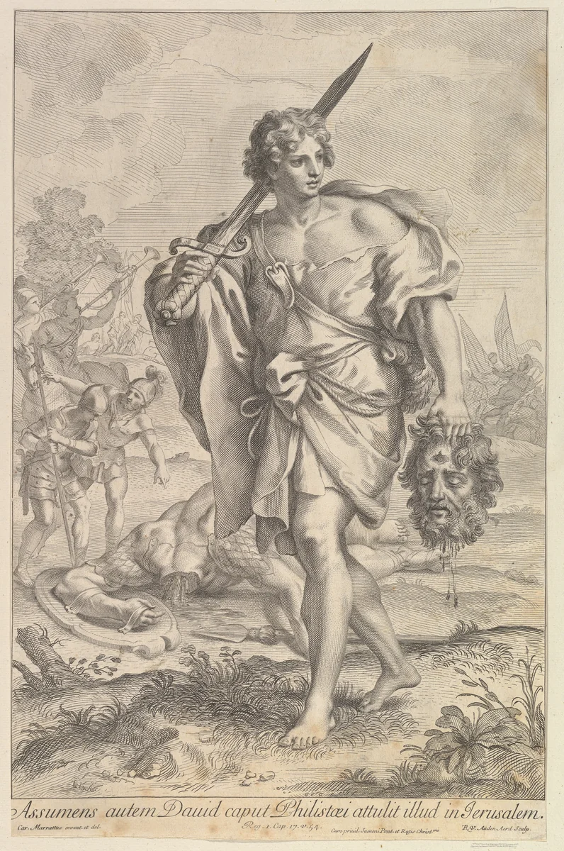 David with the Head of Goliath by Robert van Audenaerde, print, 1680-1743