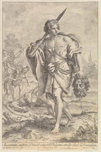 David with the Head of Goliath by Robert van Audenaerde, print, 1680-1743