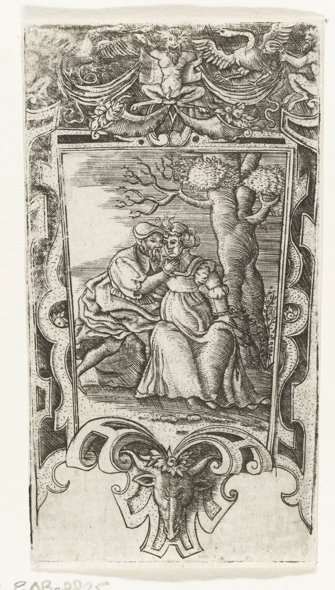 Gedeelte van een schede met liefkozend paar onder een boom by Unknown, print, 1524-1612