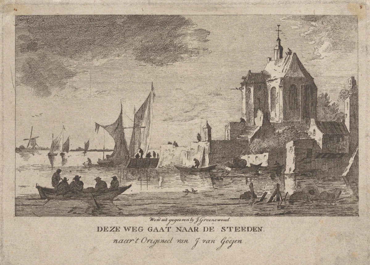 Kerk aan een rivier by anonymous, print, 1773-1795