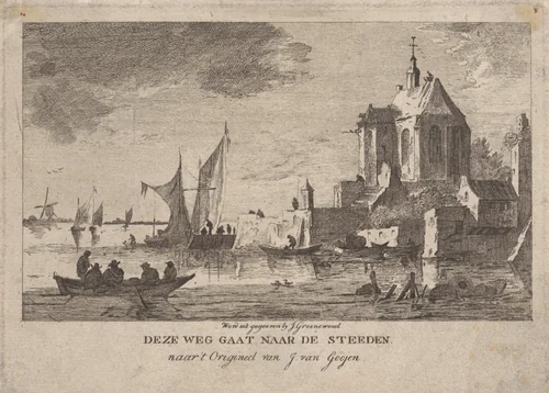 Kerk aan een rivier by anonymous, print, 1773-1795