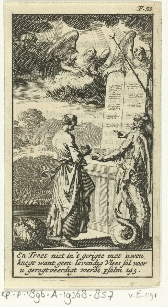 Vrouw en duivel voor een altaar waarop de tafelen der wet staan by Jan Luyken, print, 1691