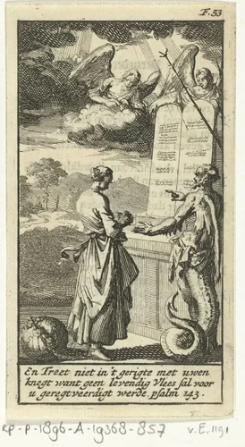 Vrouw en duivel voor een altaar waarop de tafelen der wet staan by Jan Luyken, print, 1691