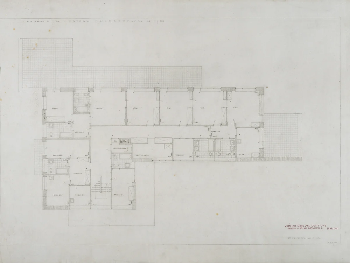 Josef Esters House, Krefeld, Germany, Plan, upper story by Ludwig Mies van der Rohe, mies van der rohe archive, 1927