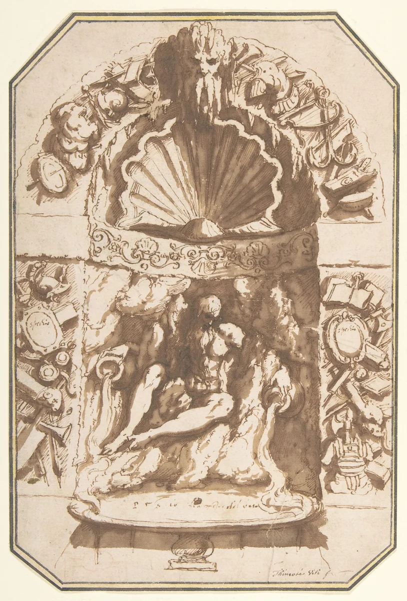 A Fountain in a Grotto by Giovanni Guerra, drawing, 1593-1603