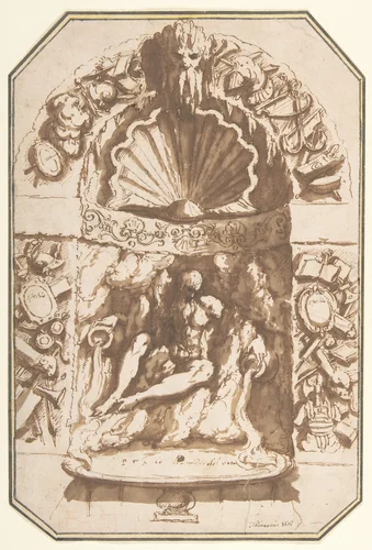 A Fountain in a Grotto by Giovanni Guerra, drawing, 1593-1603