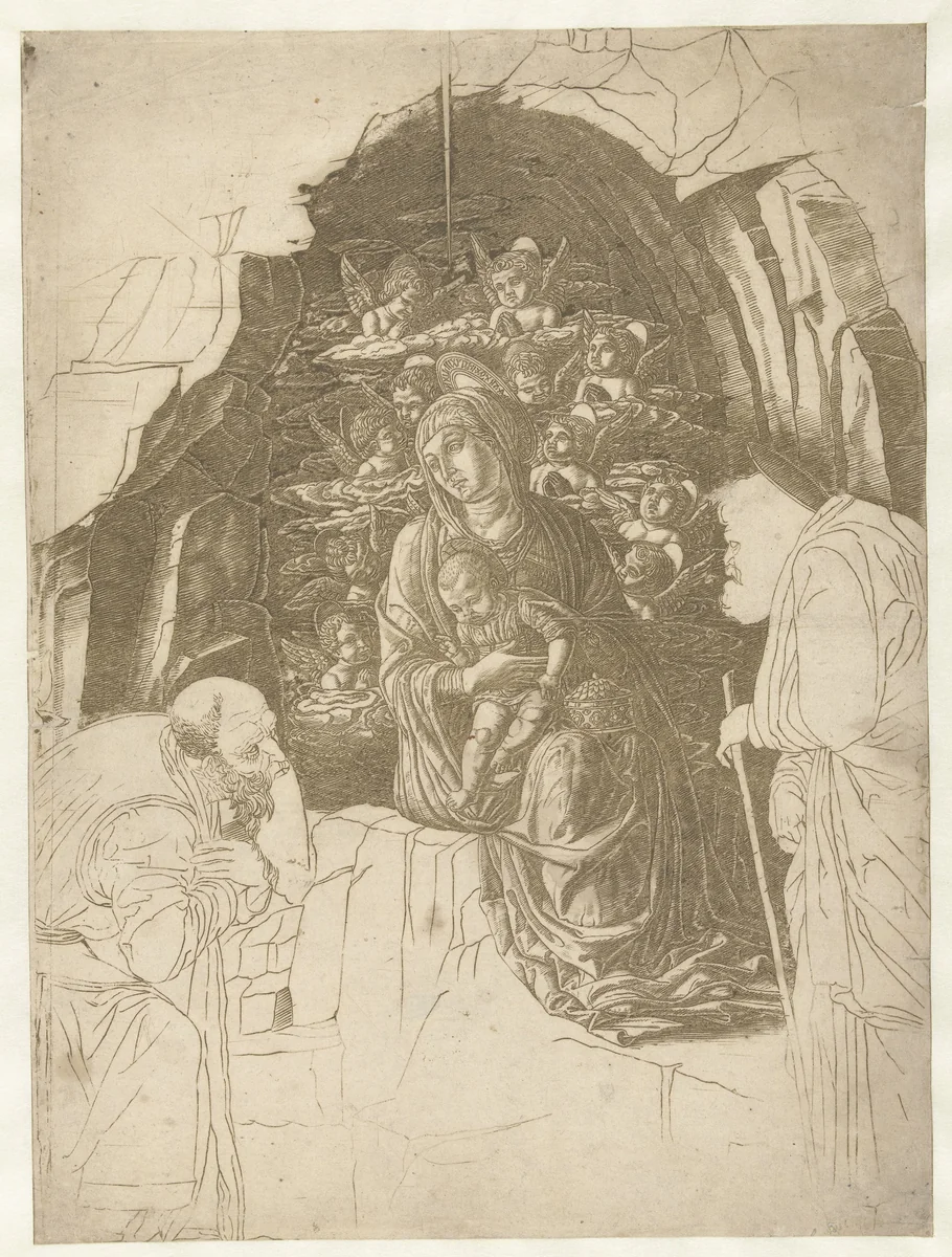 Maria met kind omgeven door engelen in grot met Jozef en koning in aanbidding by Unknown, print, 1475-1480