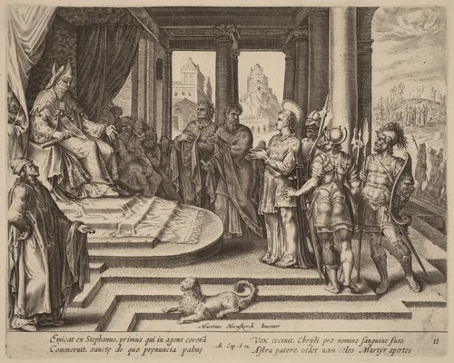 Saint Stephen before the Council by Philip Galle, print, 1537-1612