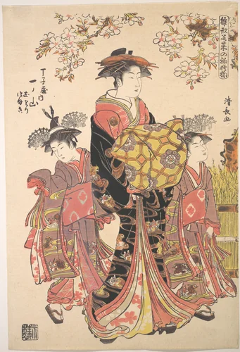 An Oiran Accompanied by Two Kamuro by Torii Kiyonaga (鳥居清長), print, 1742-1815