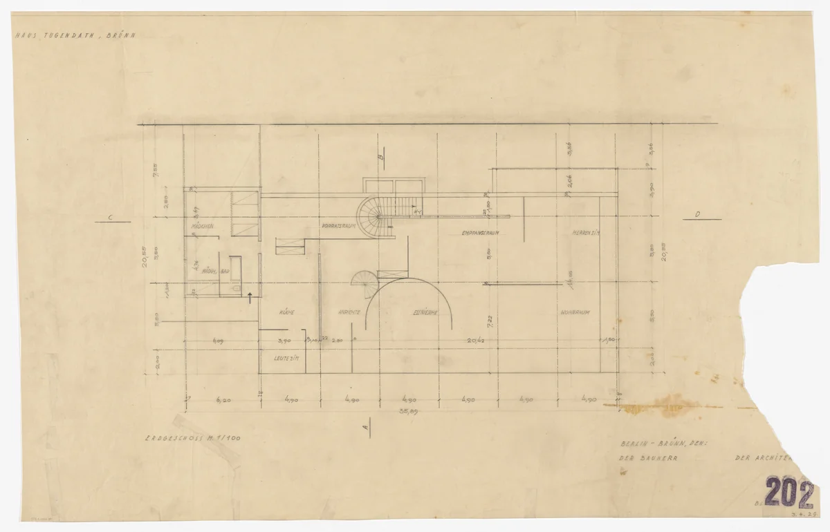 Tugendhat House, Brno, Czech Republic (Preliminary ground floor plan) by Ludwig Mies van der Rohe, mies van der rohe archive, 1928