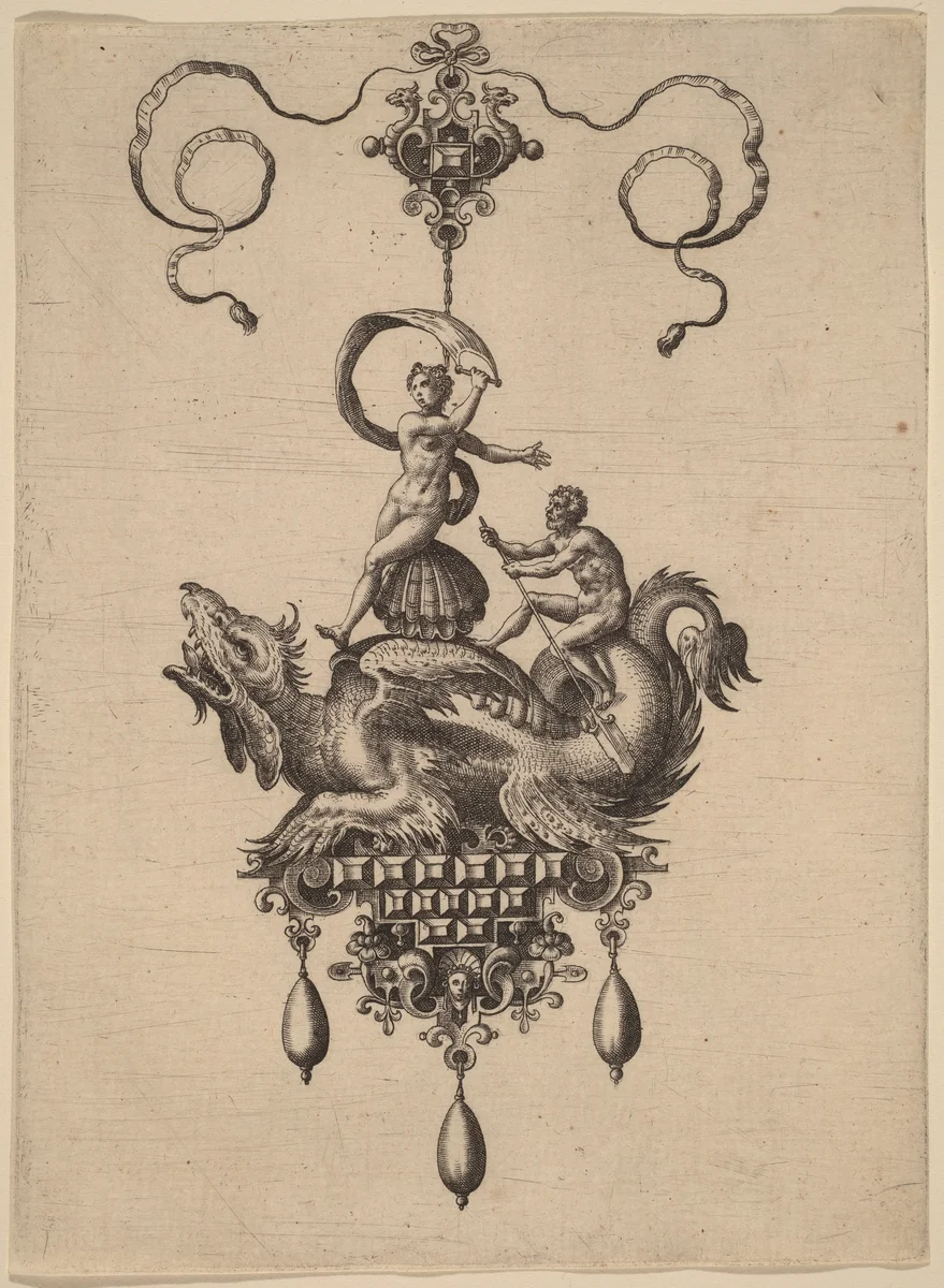 Design for a Pendant with a Winged Sea-Monster Carrying Venus Anadyomene on a Shell and a Man with an Oar by Adriaen Collaert, print, 1582