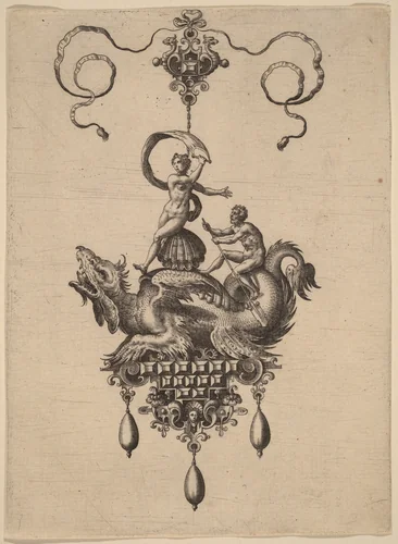 Design for a Pendant with a Winged Sea-Monster Carrying Venus Anadyomene on a Shell and a Man with an Oar by Adriaen Collaert, print, 1582