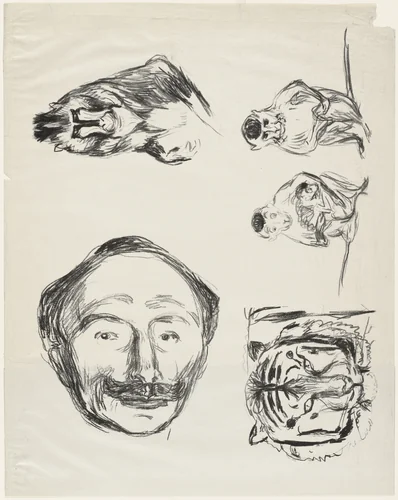 Four Studies (Portrait of Goldstein, Gorilla, Family of Monkeys and Tiger's Head) by Edvard Munch, print, 1908