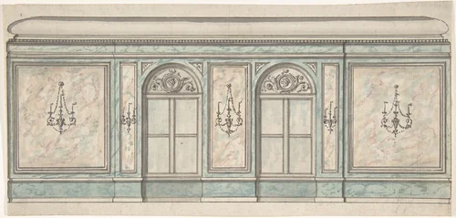Elevation of a Wall with Two Windows and Five Wall Lights by anonymous, drawing, 1820-1900