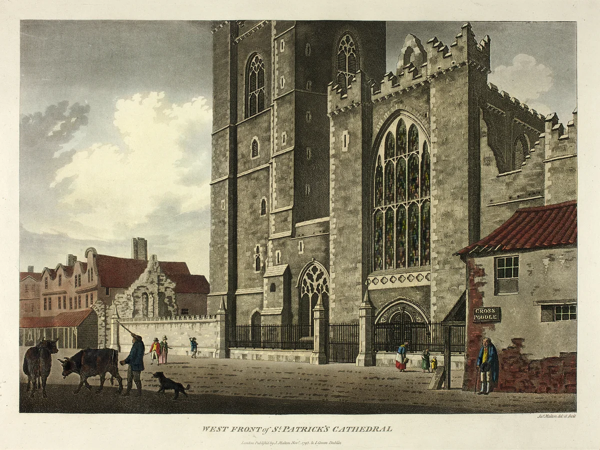 West Front of St. Patrick's Cathedral by James Malton, print, 1793