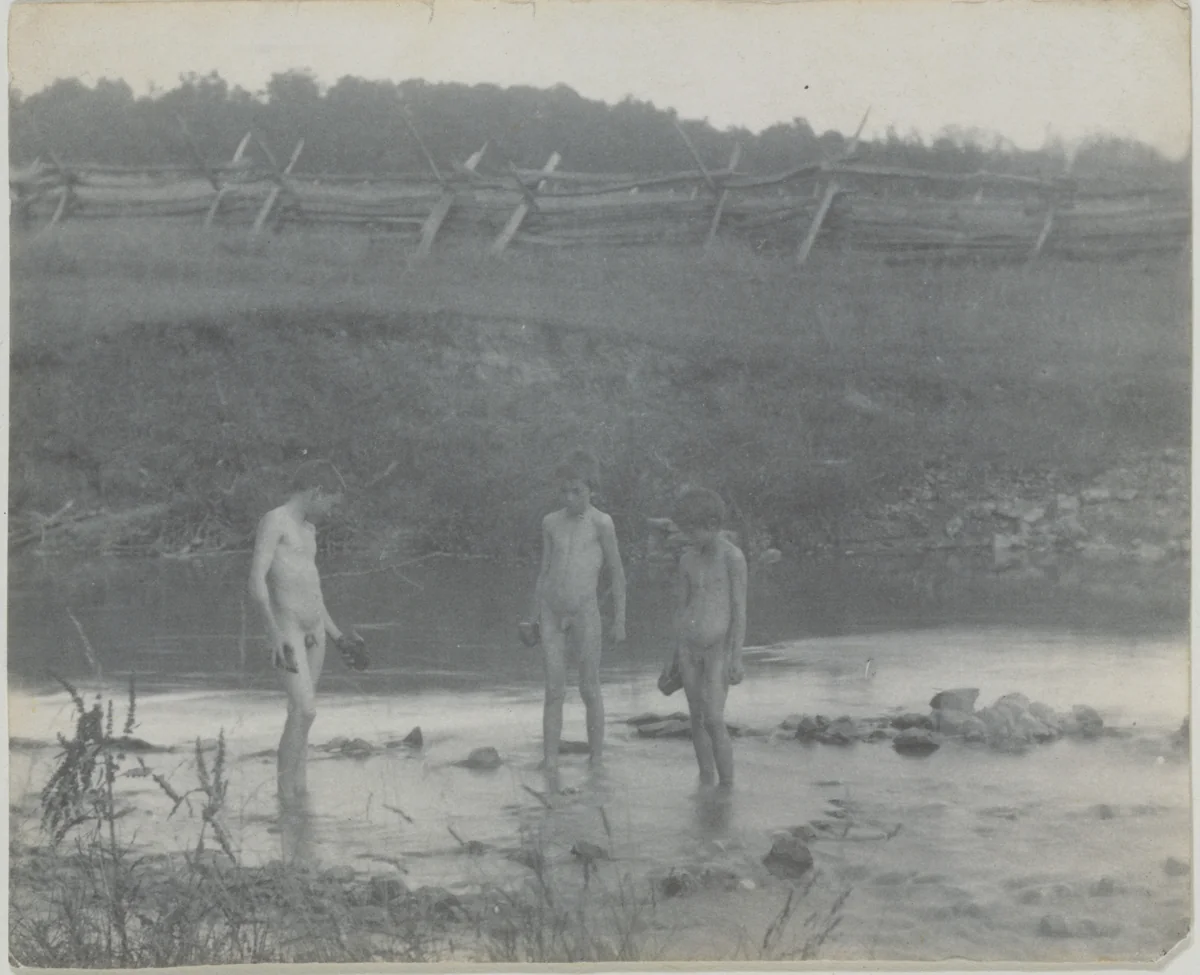 [Three Boys Wading in a Creek] by Thomas Eakins, photograph, 1883
