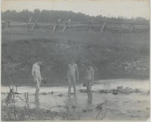 [Three Boys Wading in a Creek] by Thomas Eakins, photograph, 1883