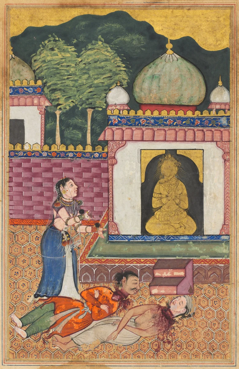 The princess discovers the dead bodies, with heads severed, of her husband and his Brahman friend, from a Tuti-nama (Tales of a Parrot): Thirty-fourth Night by Unknown, painting, 1555-1565