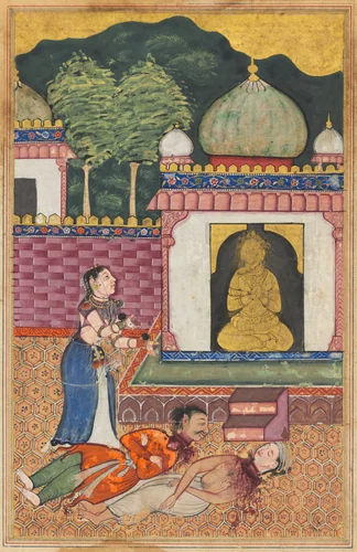The princess discovers the dead bodies, with heads severed, of her husband and his Brahman friend, from a Tuti-nama (Tales of a Parrot): Thirty-fourth Night by Unknown, painting, 1555-1565