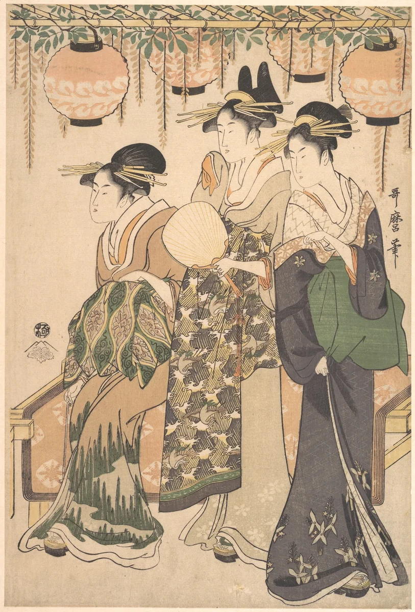 Courtesans Beneath a Wisteria Arbor (Fuji dana shita no yūjo tachi) by Kitagawa Utamaro (喜多川歌麿), print, 1785-1805