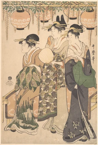 Courtesans Beneath a Wisteria Arbor (Fuji dana shita no yūjo tachi) by Kitagawa Utamaro (喜多川歌麿), print, 1785-1805