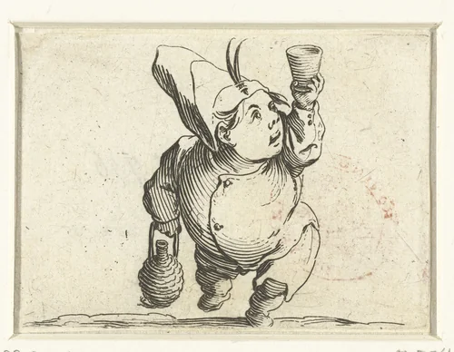 Kleine mens (karikatuur) met fles en glas by Jacques Callot, print, 1621-1625