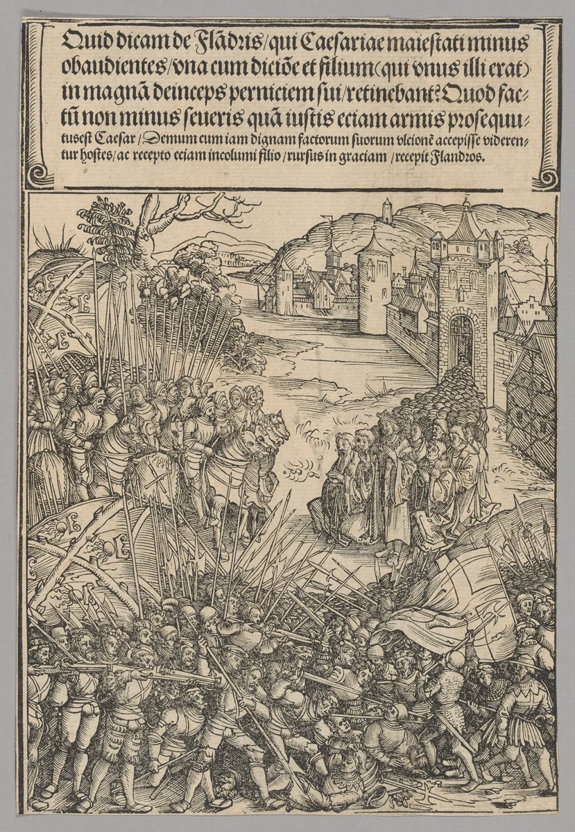 Flemish Rebellion, plate 7 from Historical Scenes from the Life of Emperor Maximilian I from the Triumphal Arch by Wolf Traut, print, 1515-1517