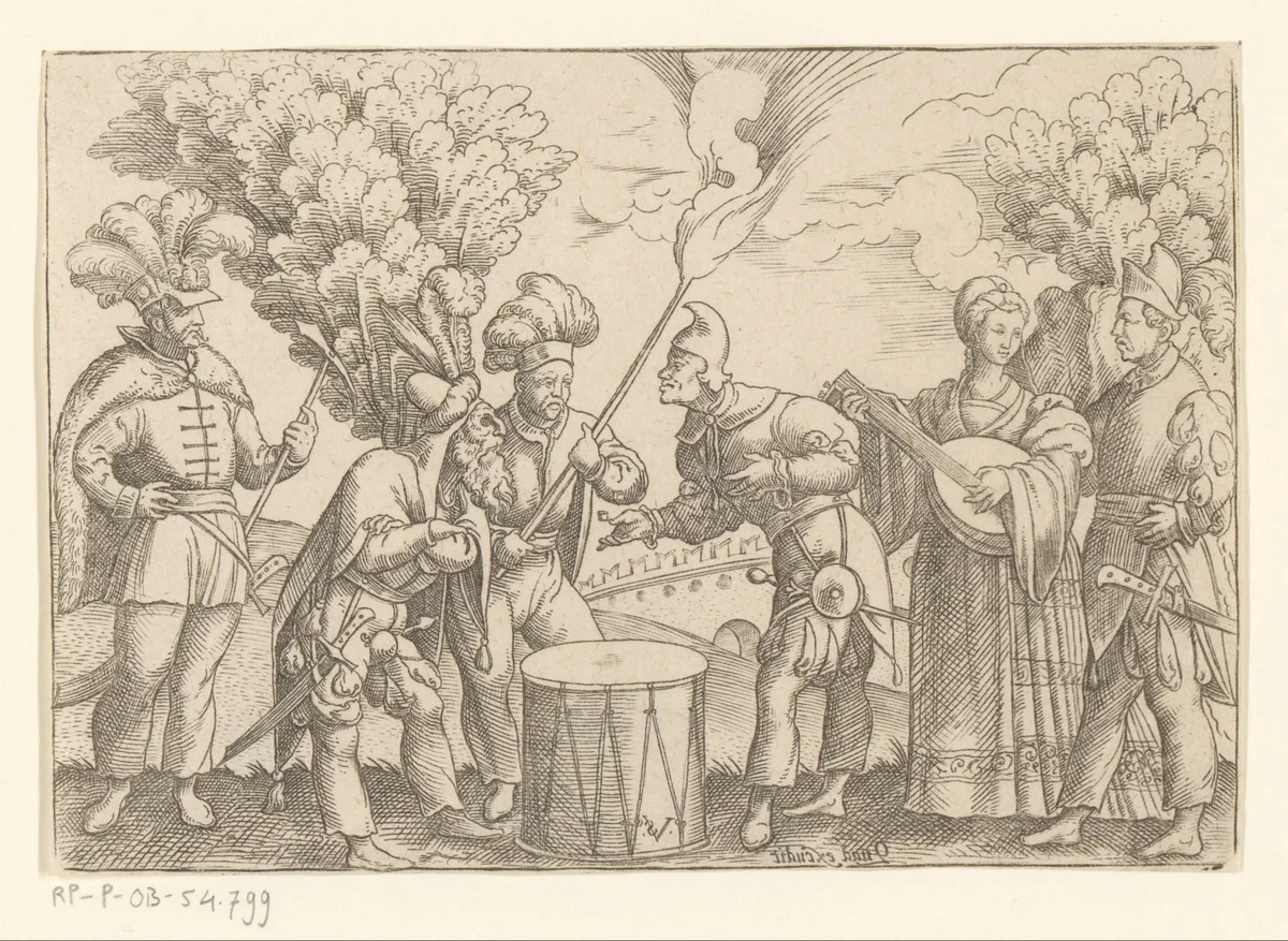 Zes figuren rondom een trommel, mogelijk Vastenavond by Unknown, print, 1524-1562