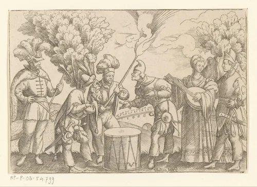 Zes figuren rondom een trommel, mogelijk Vastenavond by Unknown, print, 1524-1562