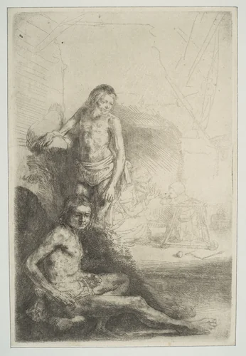 Nude Man Seated and Another Standing, with a Woman and a Baby Lightly Etched in Background by Rembrandt van Rijn, print, 1641-1651