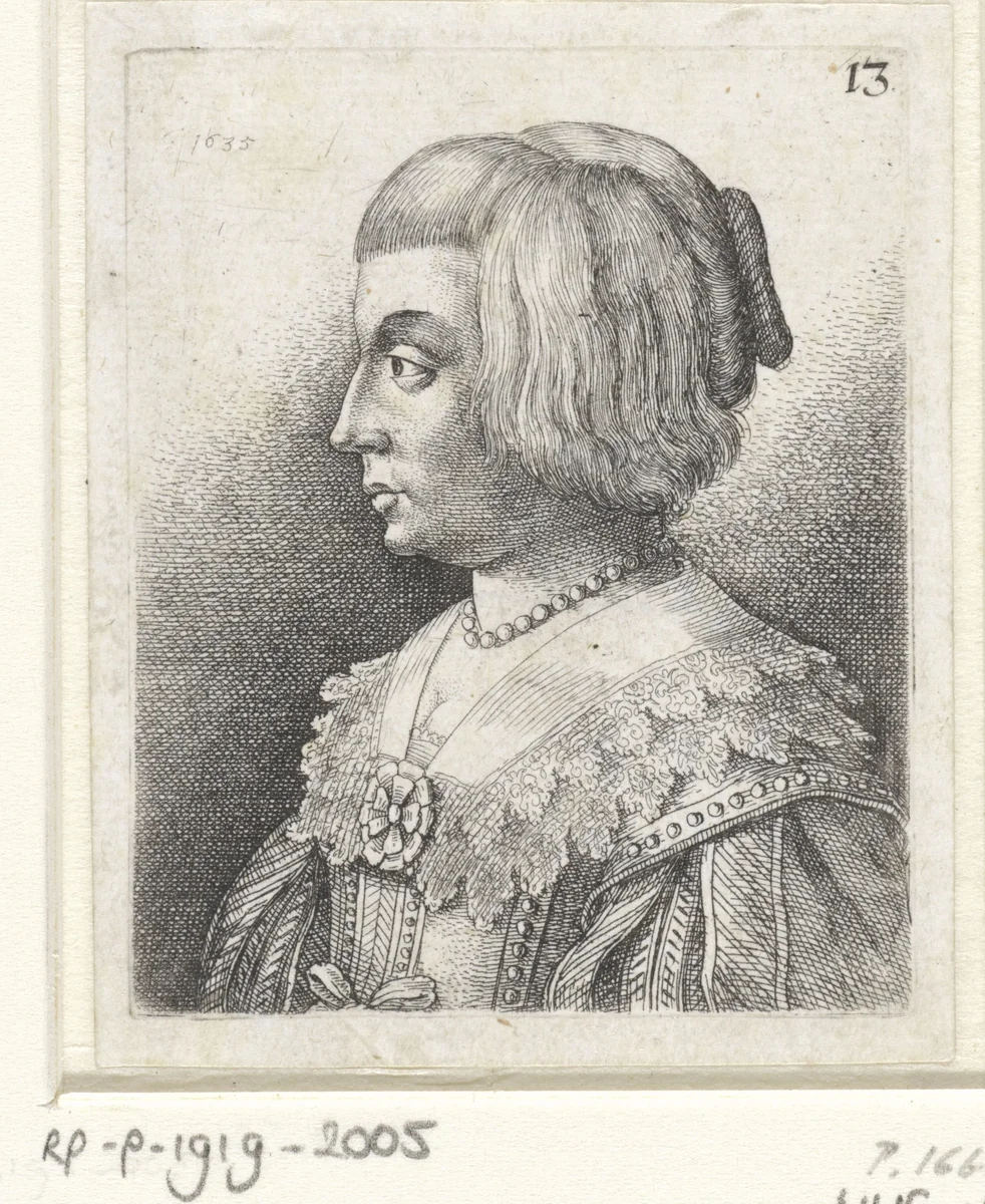 Portret van een jonge vrouw met kraag en rozet by Wenceslaus Hollar, print, 1635