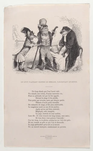 The Wolf pleading against the Fox, in front of the Monkey by J. J. Grandville, print, 1833-1843