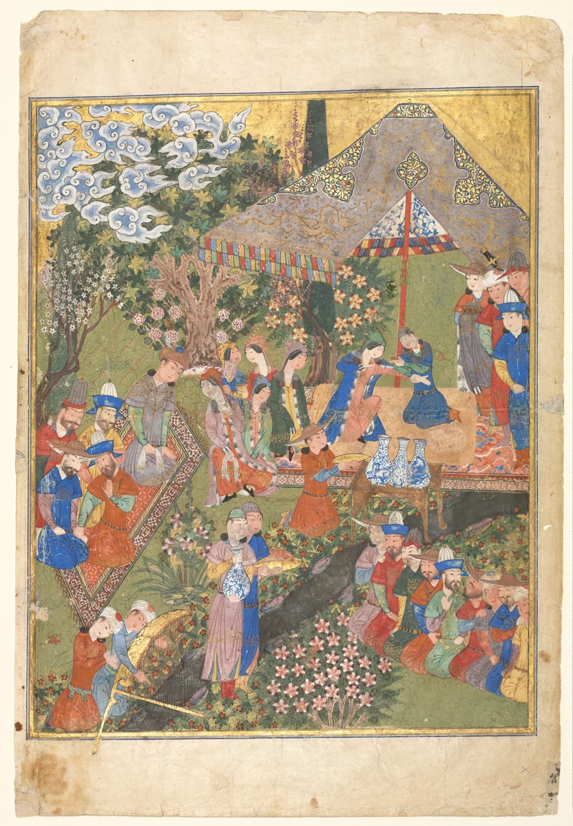 Royal Reception in a Landscape, right folio from a double-page frontispiece of a Shahnama (Book of Kings) of Firdausi (940–1019 or 1025) by Unknown, manuscript, 1444