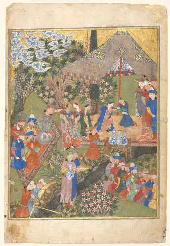 Royal Reception in a Landscape, right folio from a double-page frontispiece of a Shahnama (Book of Kings) of Firdausi (940–1019 or 1025) by Unknown, manuscript, 1444