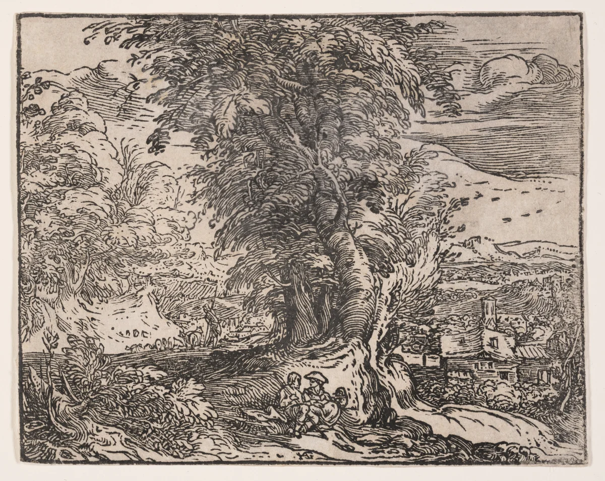 Landscape with a Shepherd Couple by Hendrick Goltzius, print, 1600