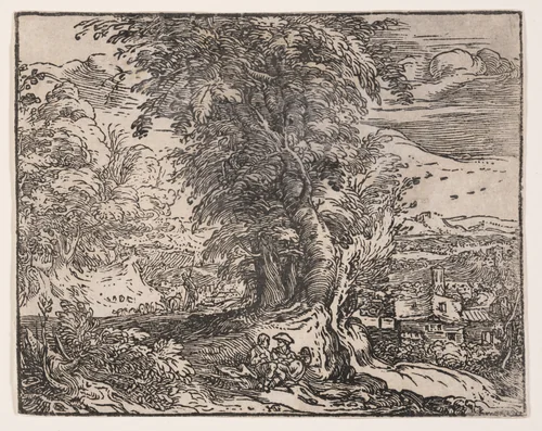 Landscape with a Shepherd Couple by Hendrick Goltzius, print, 1600