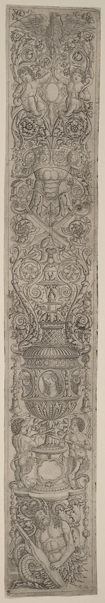 Ornament Panel: Triton and Two Infant Satyrs by Giovanni Pietro Birago; Andrea Zoan, print, 1505-1515