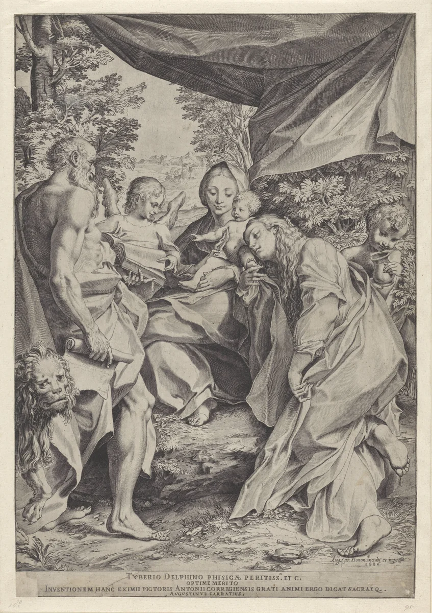 Maria met Kind en de heilige Hieronymus en Maria Magdalena by Unknown, print, 1586