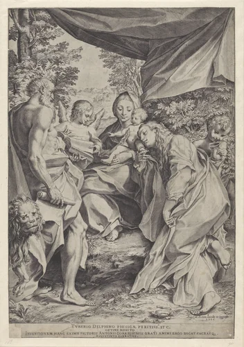 Maria met Kind en de heilige Hieronymus en Maria Magdalena by Unknown, print, 1586