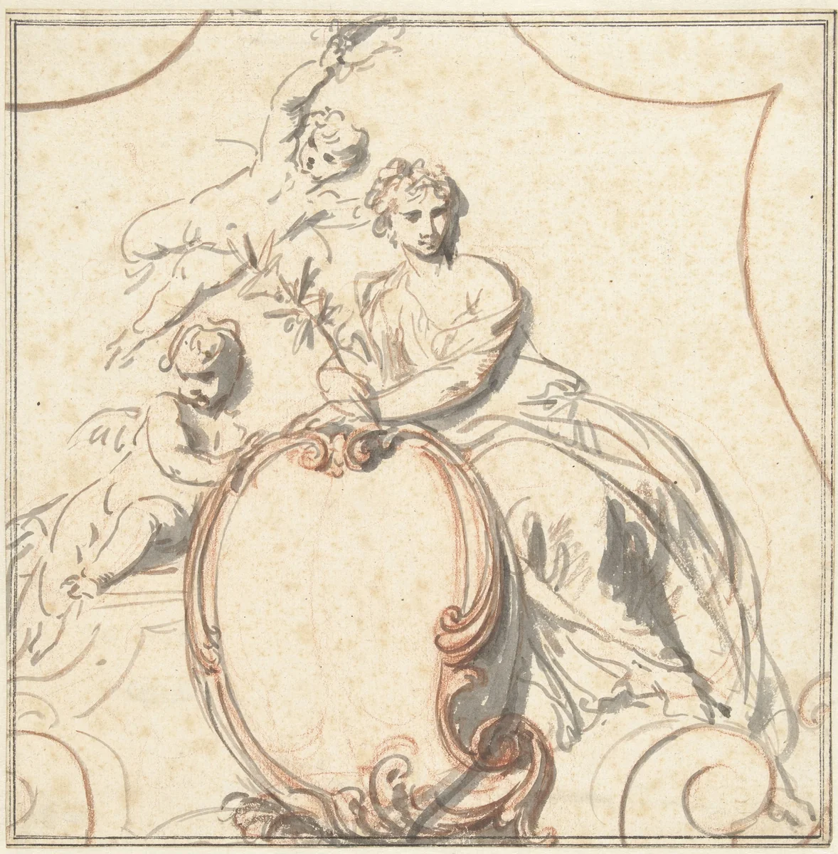 Allegorische vrouwenfiguur met twee putti boven een rocaille cartouche by Jacob de Wit, drawing, 1731