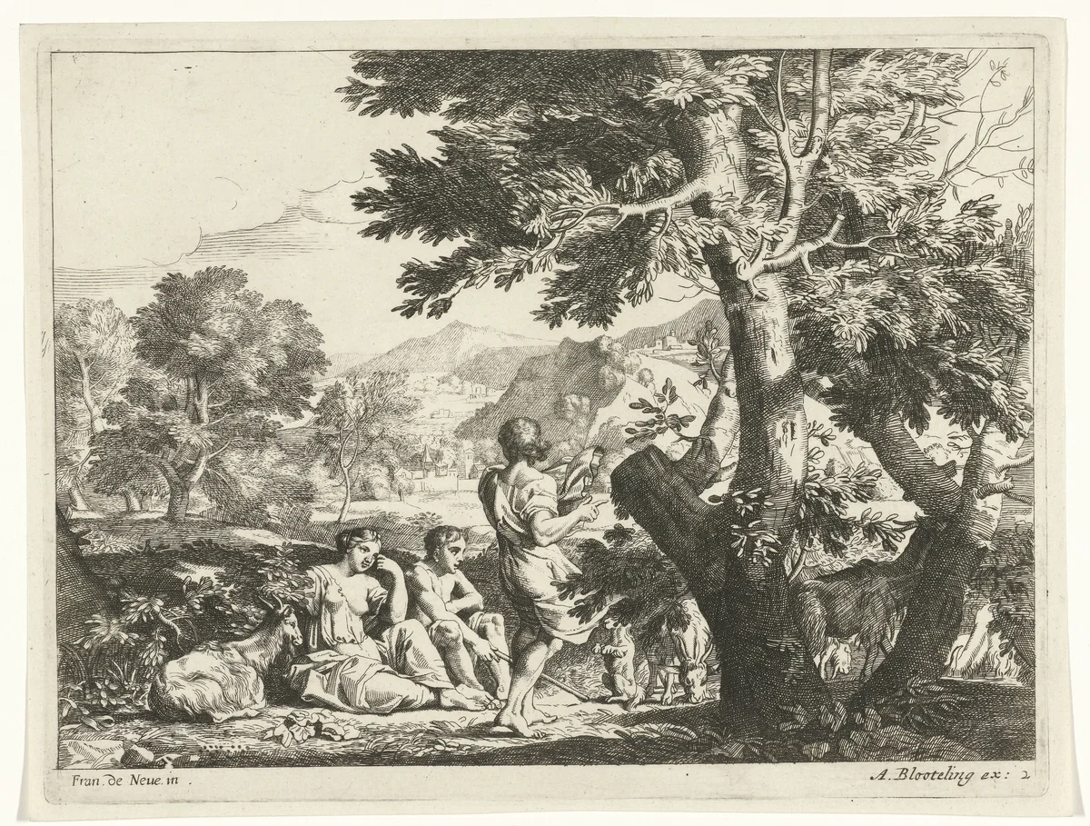 Landschap met herders en een hond by anonymous, print, 1655-1690