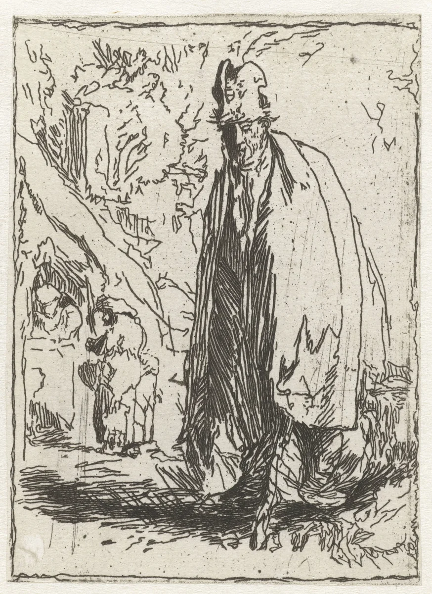 A beggar in a tall hat and long cloak, with a cottage and two figures in the background by Léopold Flameng, print, 1841-1911
