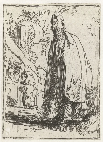 A beggar in a tall hat and long cloak, with a cottage and two figures in the background by Léopold Flameng, print, 1841-1911