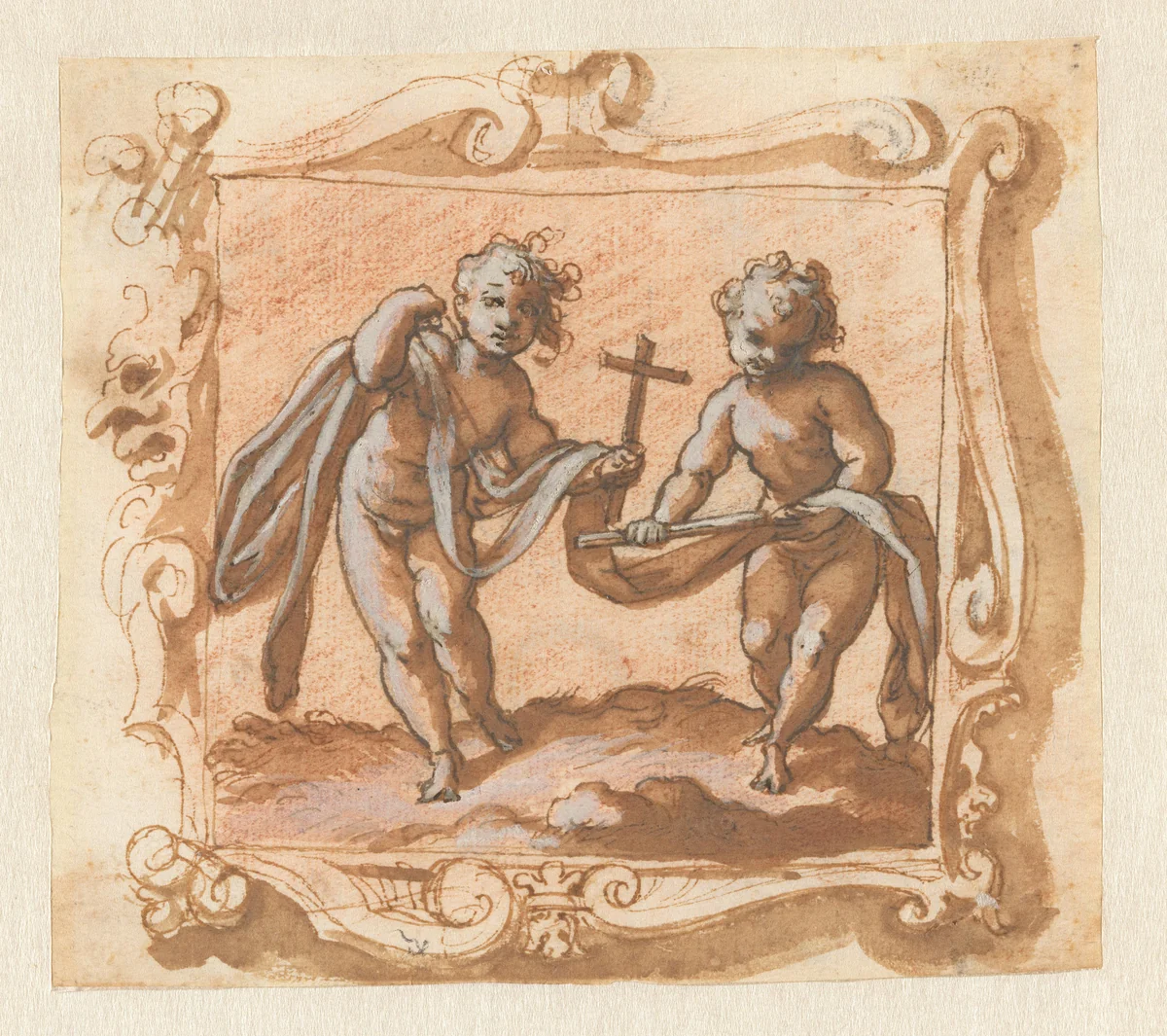 Ontwerp voor een lijst met voorstelling van twee jongens met passiewerktuigen by anonymous, drawing, 1580-1620