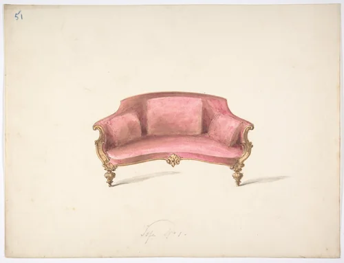 Design for a Curved-back Sofa Upholstered in Red by anonymous, drawing, 1800-1850