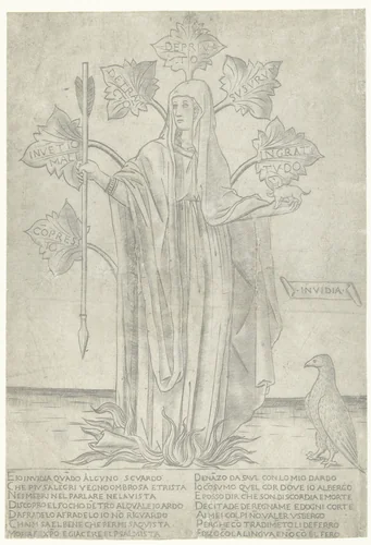 Allegorie op afgunst met vrouw staand in vuur met pijl en hond by anonymous, print, 1460-1480