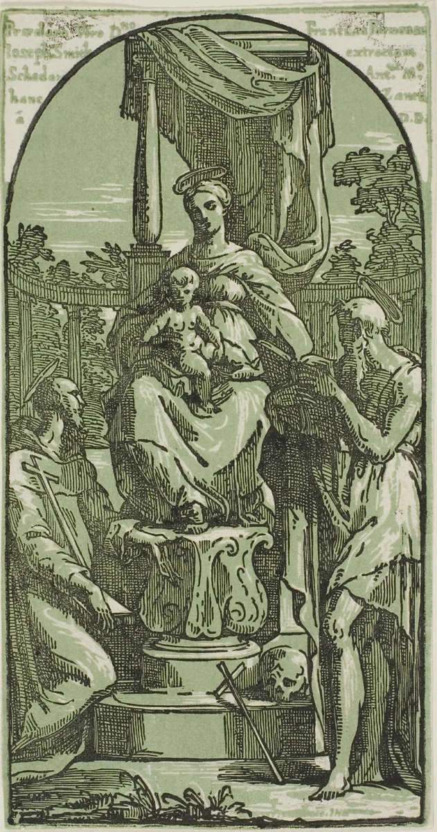 Madonna and Child Enthroned, St. Jerome and St. Francis by Anton Maria Zanetti, print, 1700-1767